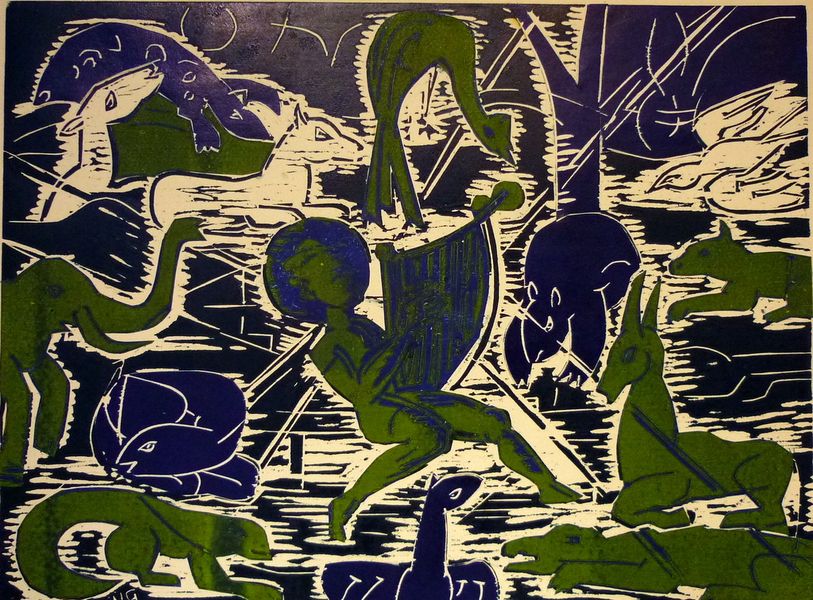 Orpheus und die Tiere, Holzschnitt 2 Platten, 45x60cm