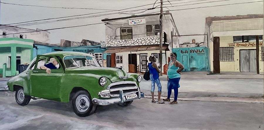 Kubanische Straßenszene Acryl auf Leinwand 70 X 140 cm